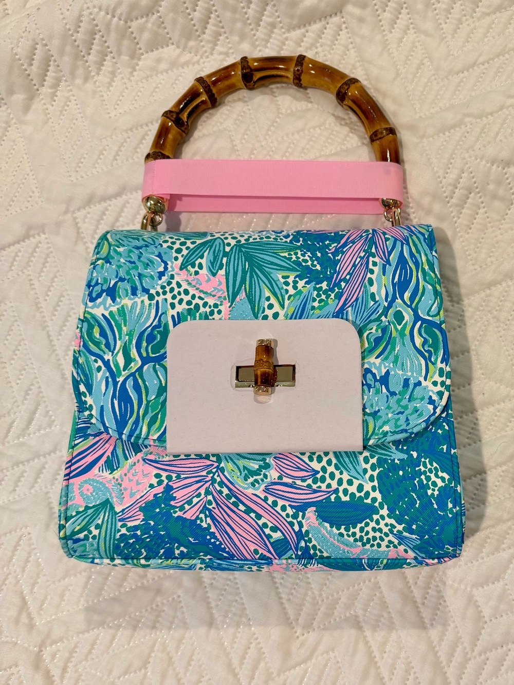 Lilly Pulitzer Bamboo Handle Hand Bag Botanical Green Holiday in the Sun - Picture 6 of 6